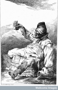 L0020220 A drunkard sits on a barrel spilling drink from a jug and gl