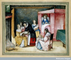A Dutch birth-room, with a maid giving sweetmeats to gossips. Credit: Wellcome Library, London.