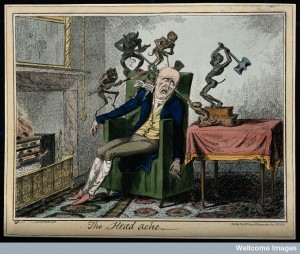 A man suffering from headache in the form of devils. Coloure Credit: Wellcome Library, London. 