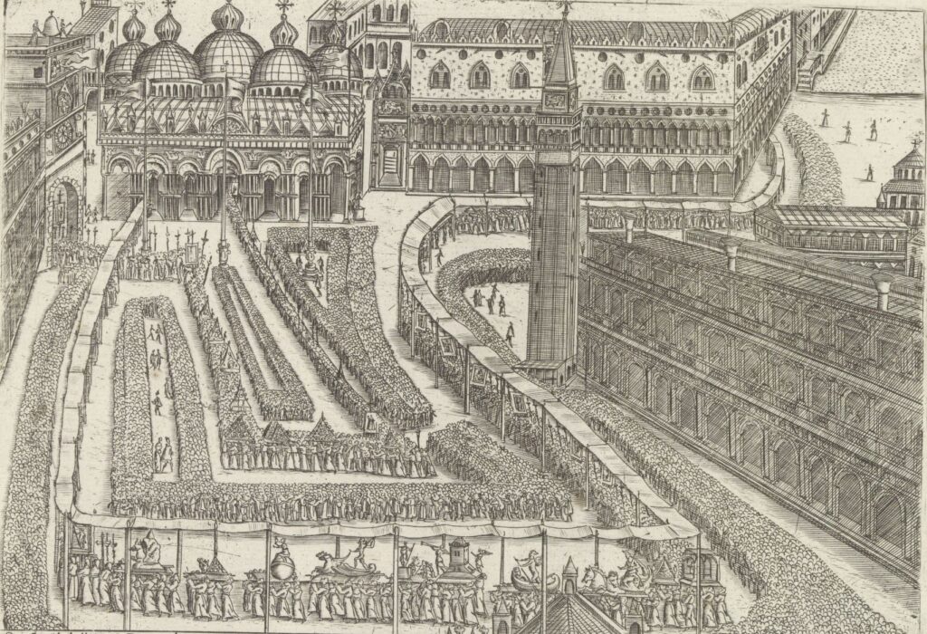 A seventeenth-century image showing the view across St Marks square in Venice