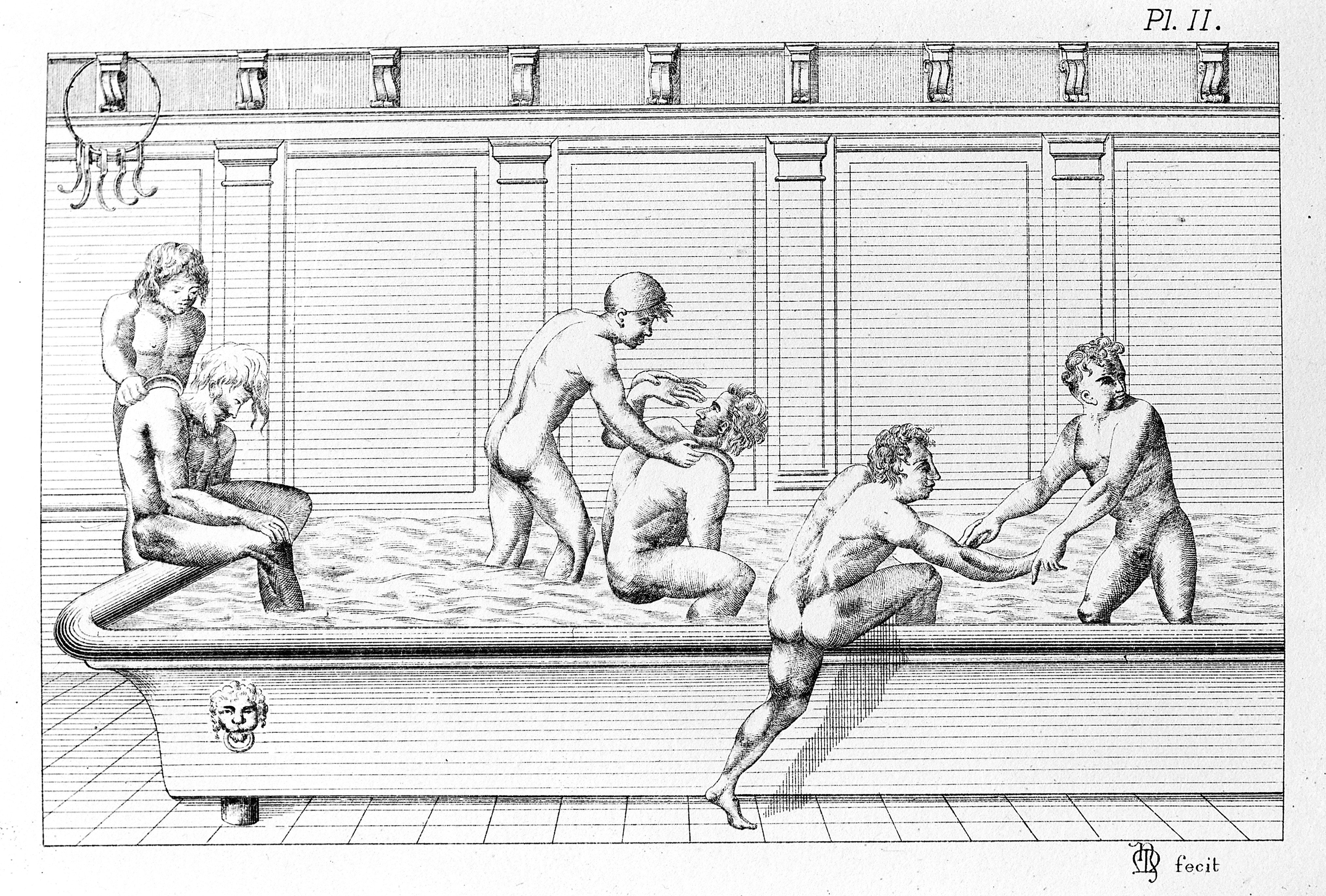A group of men bathing and using strigils