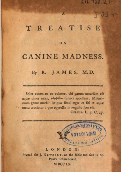 The frontispiece f A Treatise on Canine Madness (1760)